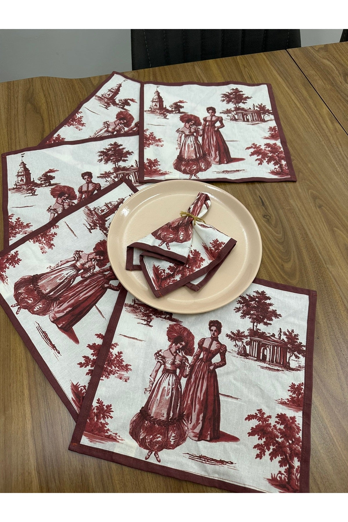 Toile De Jouy Paris Amerikan Servis 6’lı Set | 35x45 cm | %100 Pamuk Dijital Baskılı | Klasik Fransı