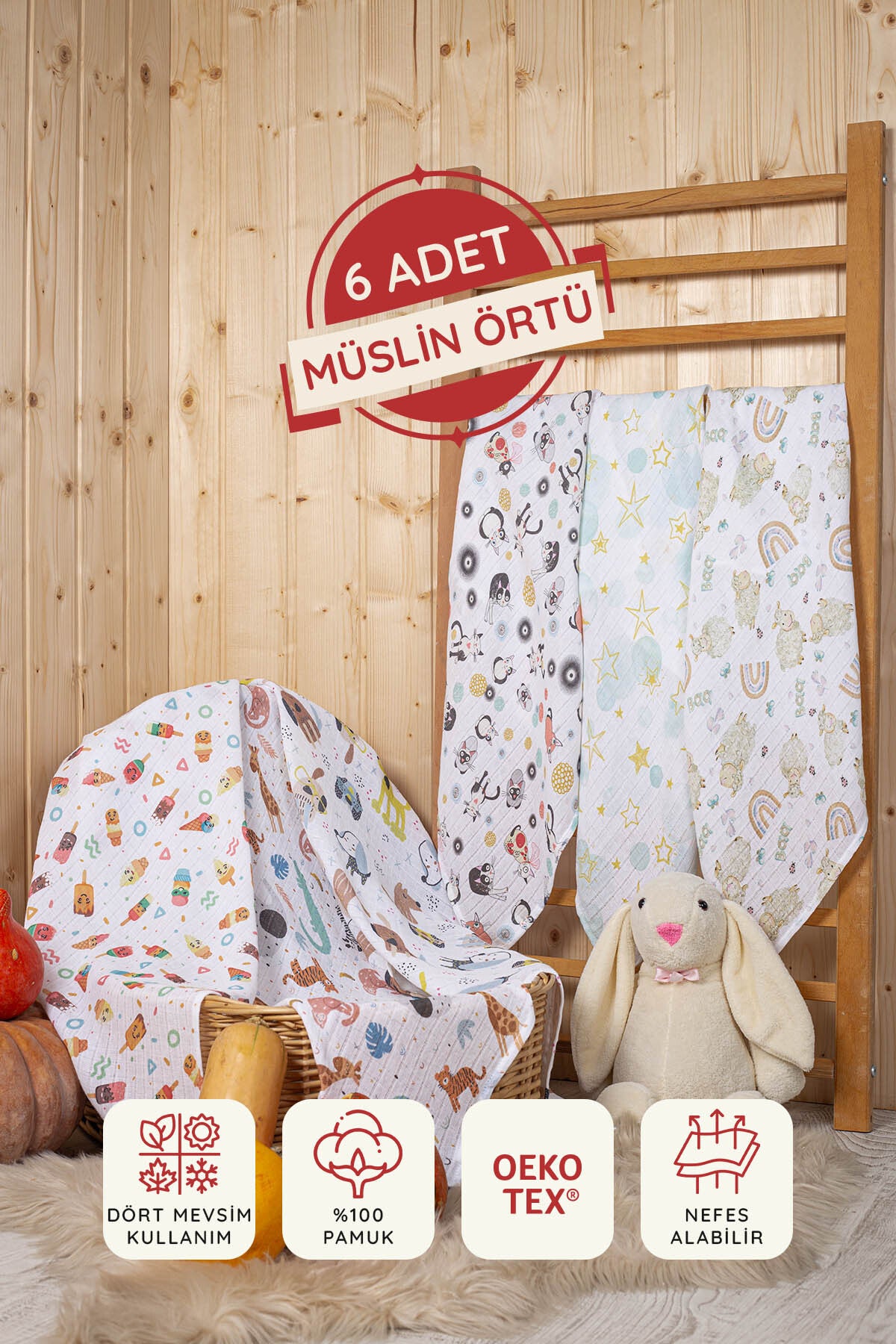 Dijital Baskılı 6'lı Çok Amaçlı Müslin Örtü Seti - 75x75 Cm- Ztc100