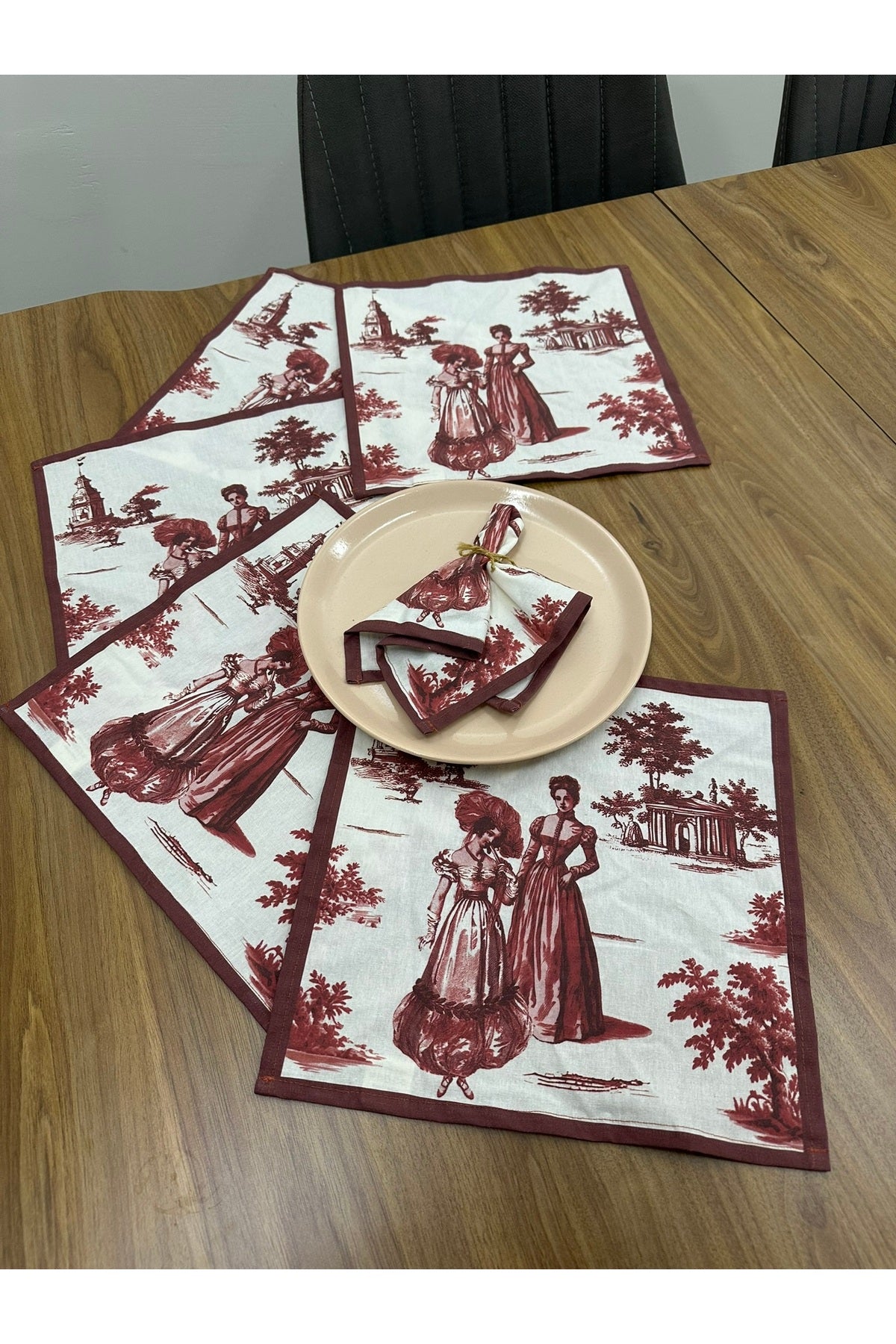 Toile De Jouy Paris Amerikan Servis 6’lı Set | 35x45 cm | %100 Pamuk Dijital Baskılı | Klasik Fransı
