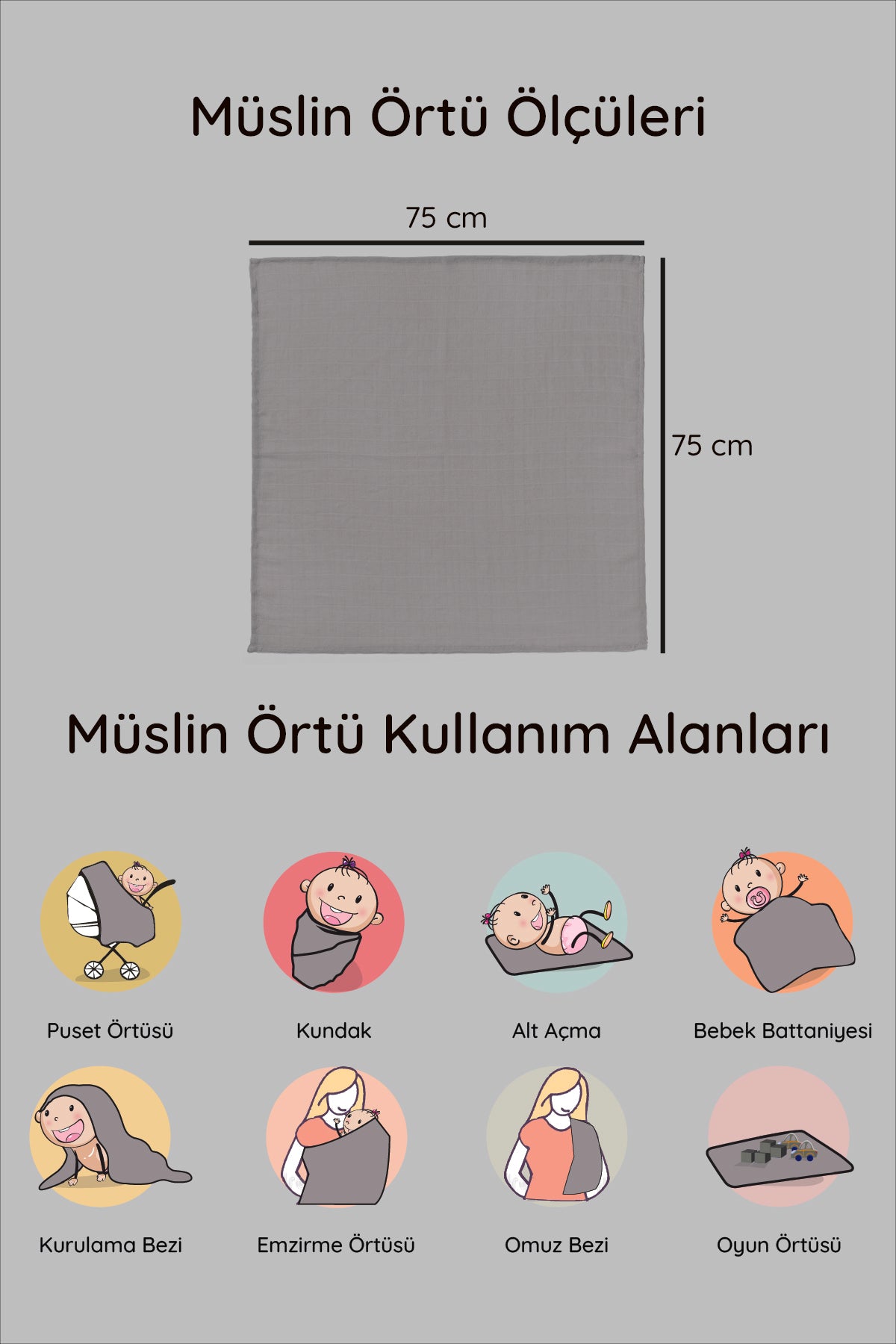Dijital Baskılı 3'lü Müslin Örtü Seti - 75x75 cm