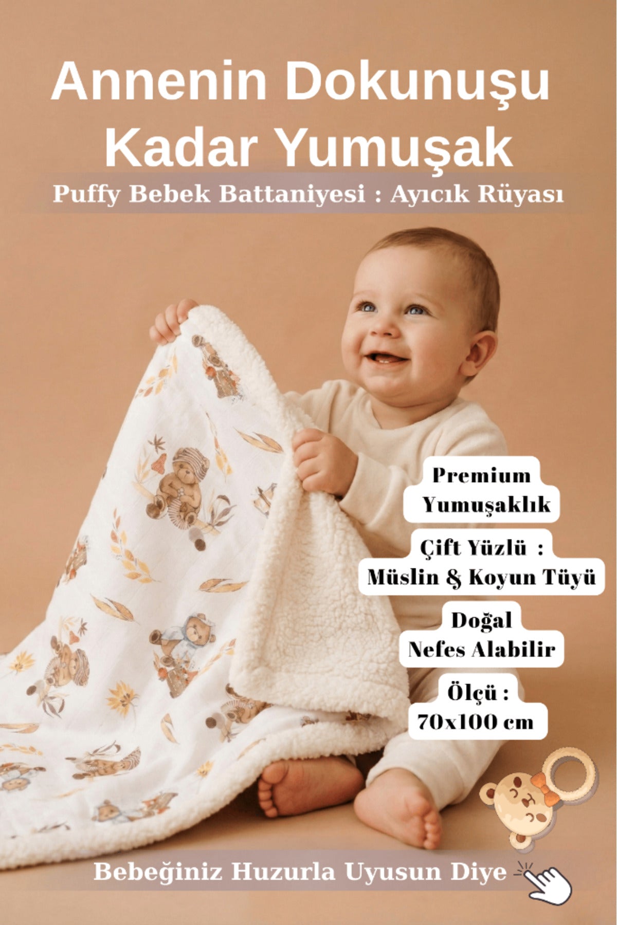 Puffy Bebek Battaniyesi 70x100 cm Koyun Tüylü Müslin Battaniye