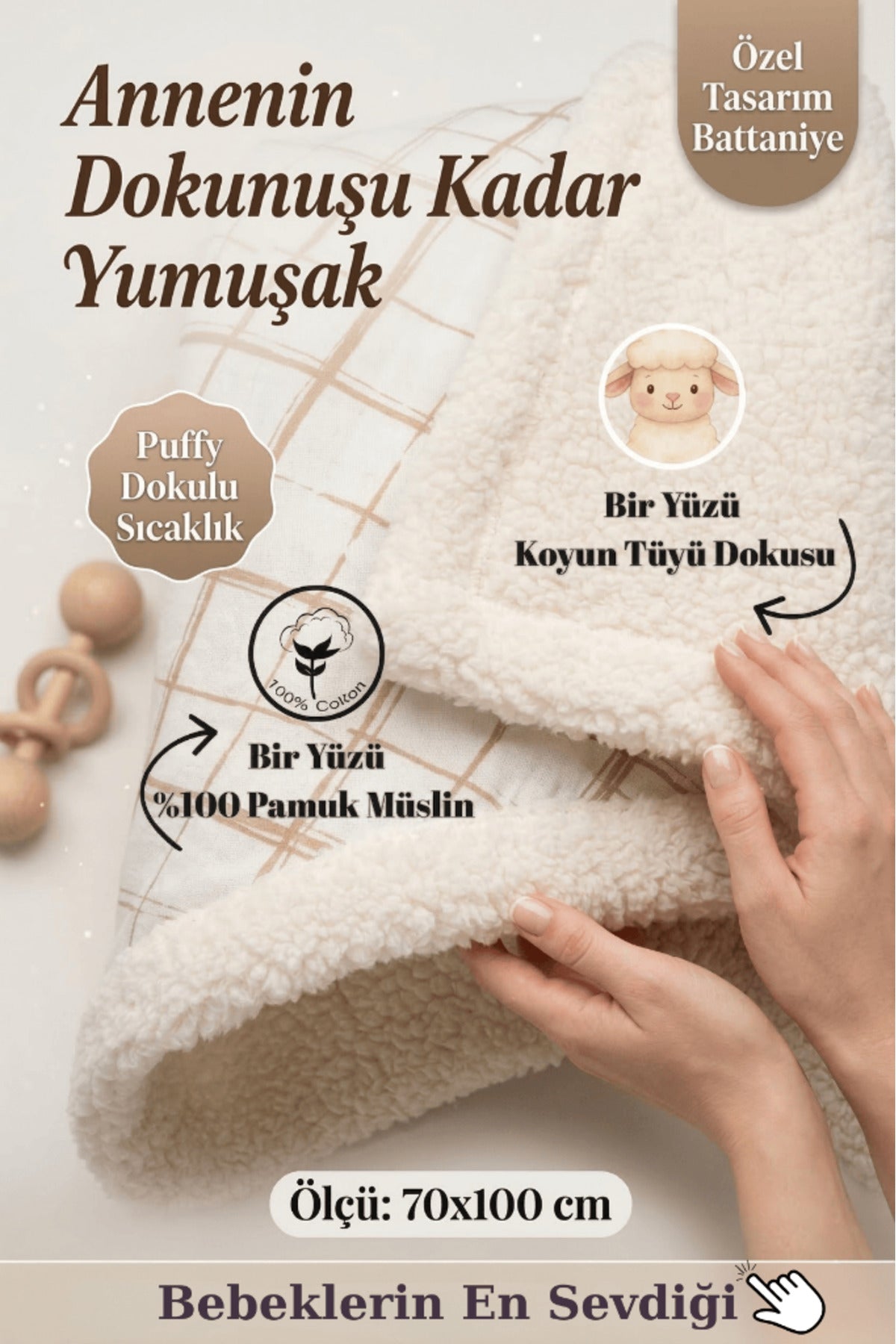 Puffy Bebek Battaniyesi 70x100 cm Koyun Tüylü Müslin Battaniye