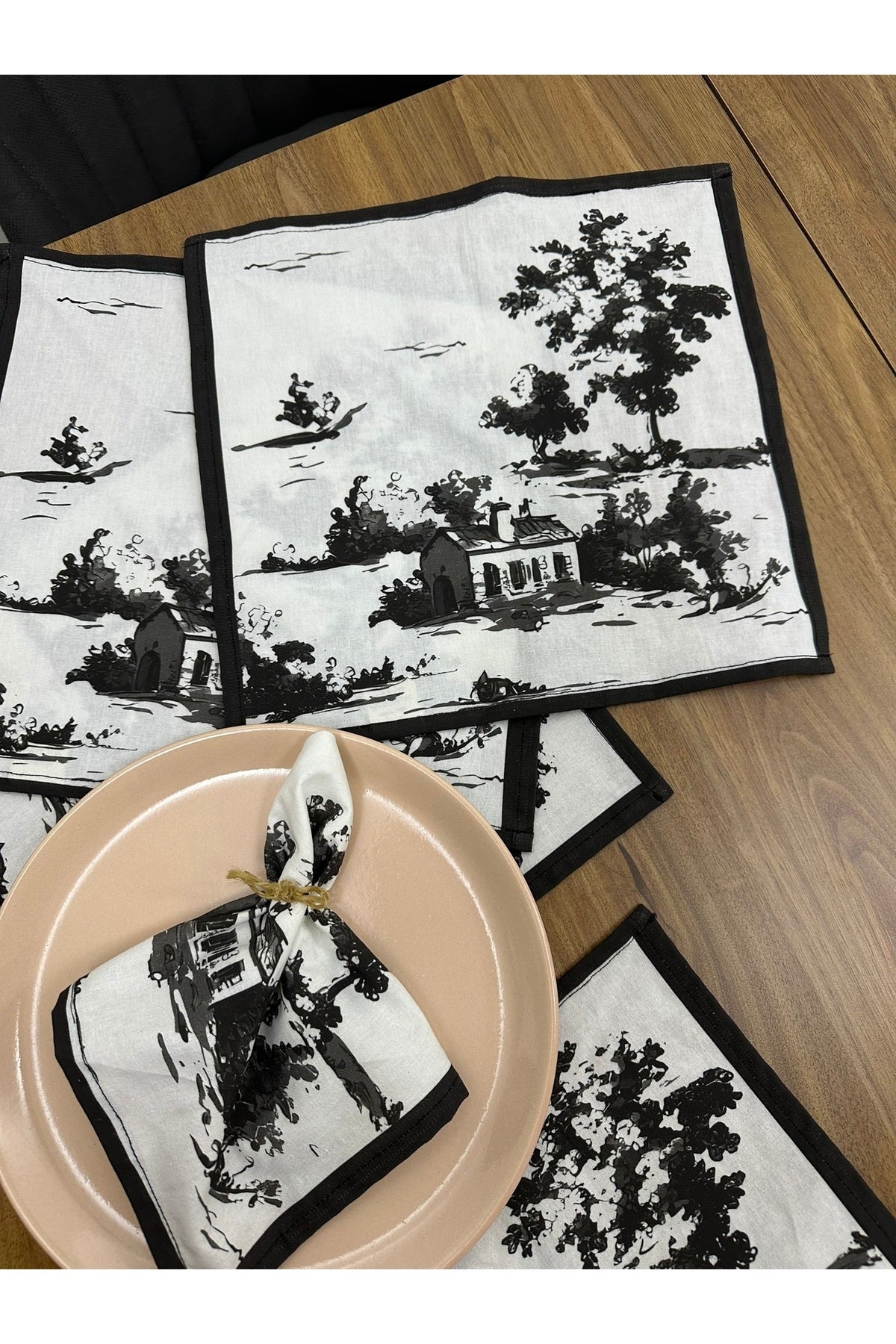 Toile De Jouy Monet Amerikan Servis 6’lı Set | 30x30 cm | %100 Pamuk Dijital Baskılı | Country Tarzı