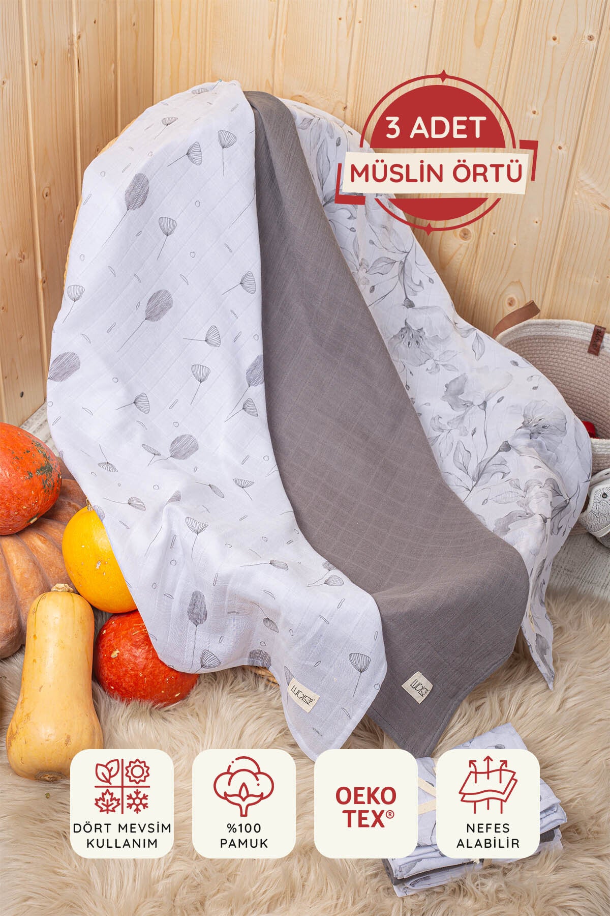 Dijital Baskılı 3'lü Müslin Örtü Seti - 75x75 cm