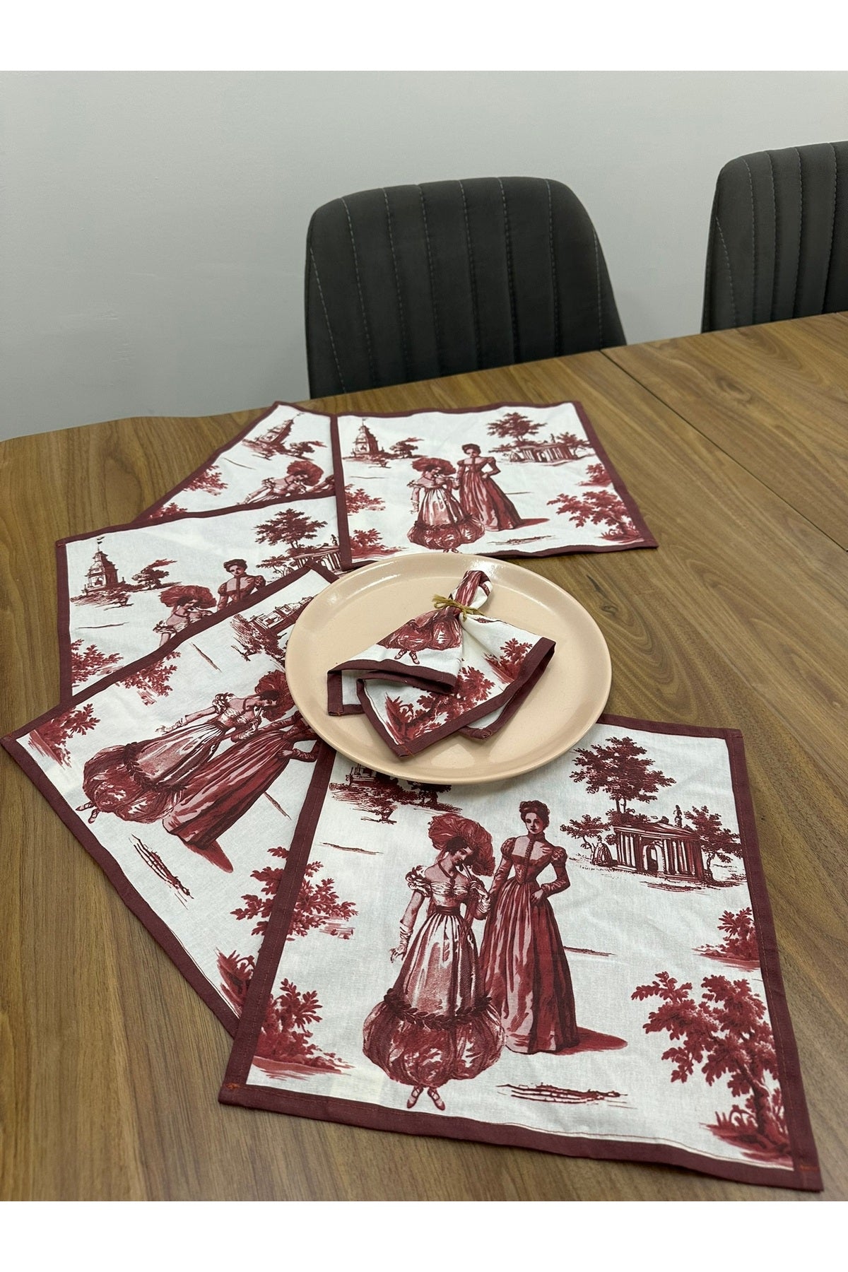 Toile De Jouy Paris Amerikan Servis 6’lı Set | 35x45 cm | %100 Pamuk Dijital Baskılı | Klasik Fransı