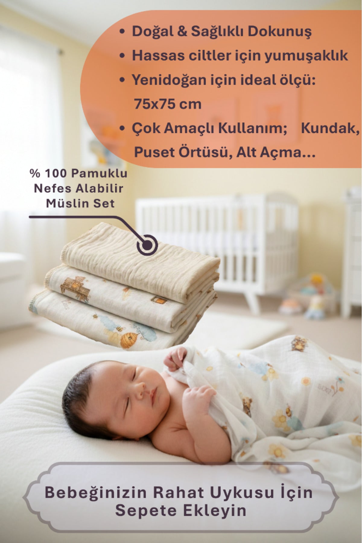 Little Organic's | 3’lü %100 Organik Pamuk Müslin Örtü - Battaniye Seti 75x80 cm | Oeko-tex | Gots -