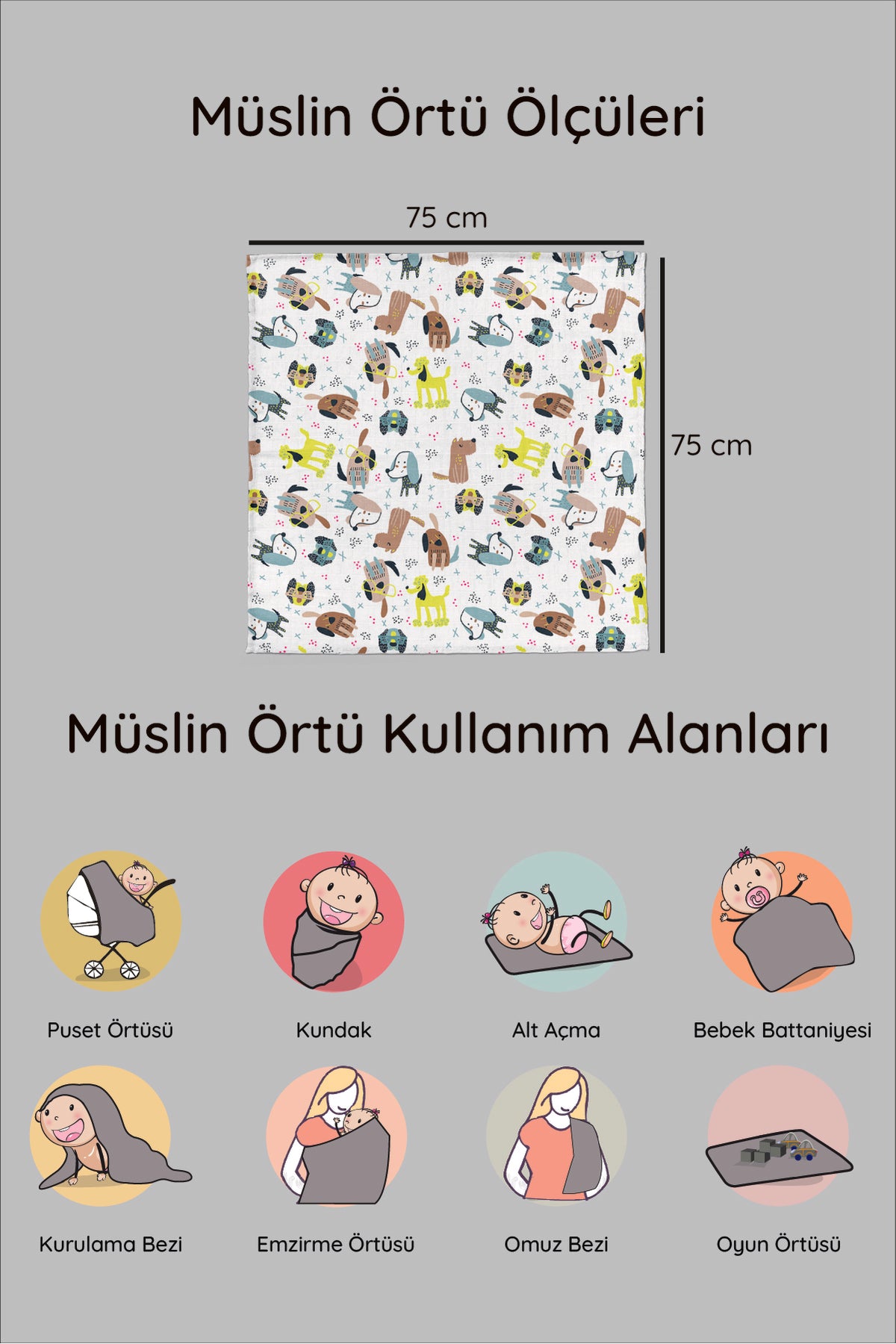 Dijital Baskılı 6'lı Çok Amaçlı Müslin Örtü Seti - 75x75 Cm- Ztc100