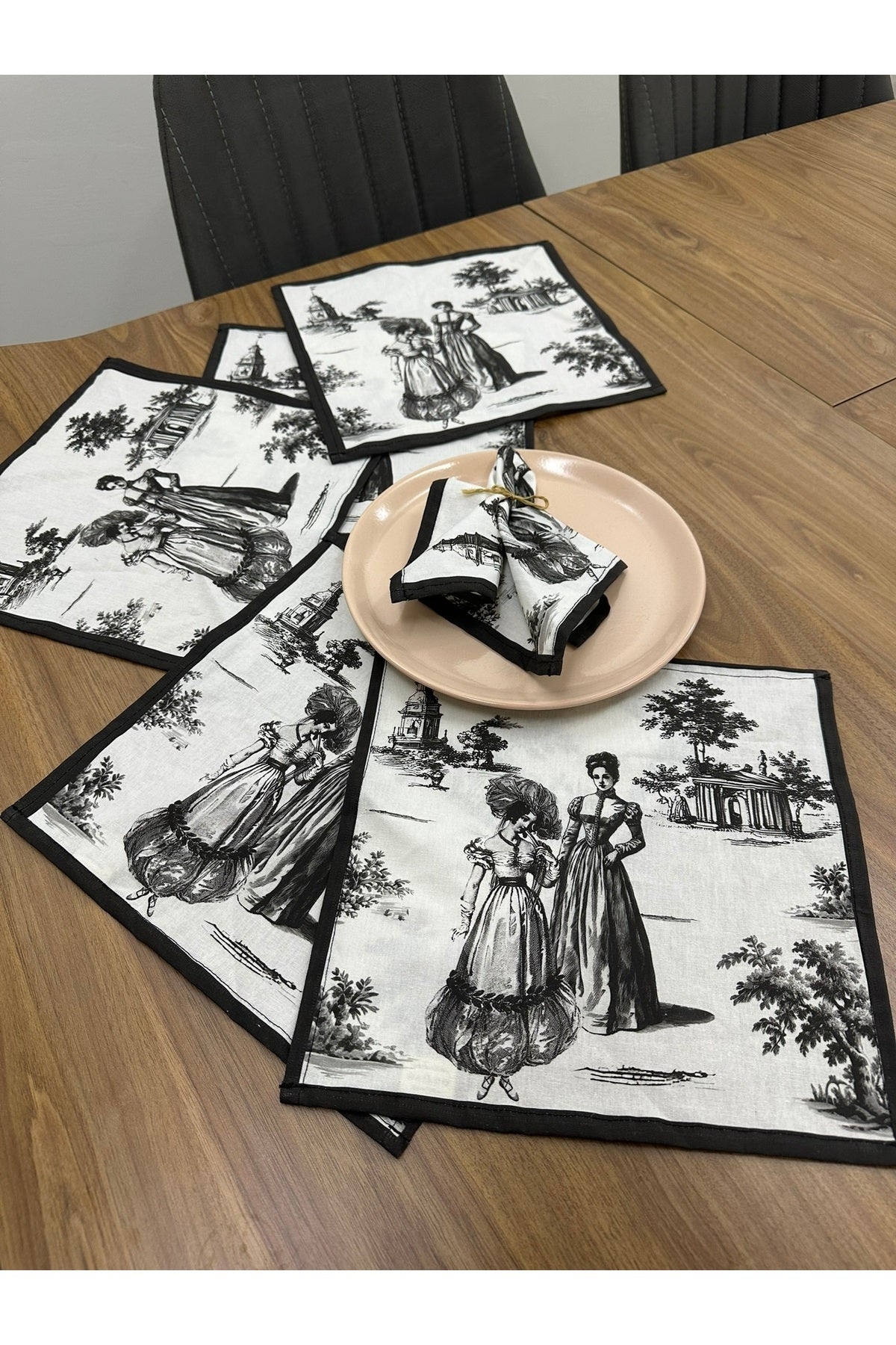 Toile De Jouy Paris Amerikan Servis 6’lı Set | 35x45 cm | %100 Pamuk Dijital Baskılı | Klasik Fransı