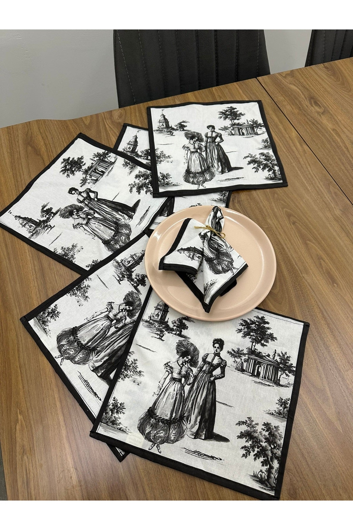 Toile De Jouy Paris Amerikan Servis 6’lı Set | 35x45 cm | %100 Pamuk Dijital Baskılı | Klasik Fransı