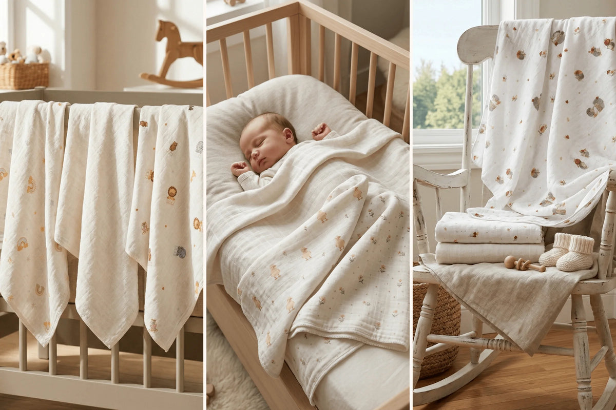 Little Organic's müslin örtü setleri: bebek odasında beşiğe asılı örtüler